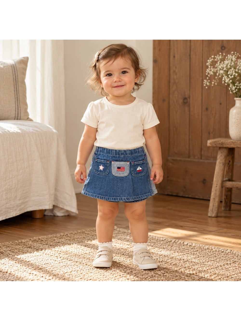Vintage 90s Baby Denim Skort 12 Months Star Flag Sailboat Pockets